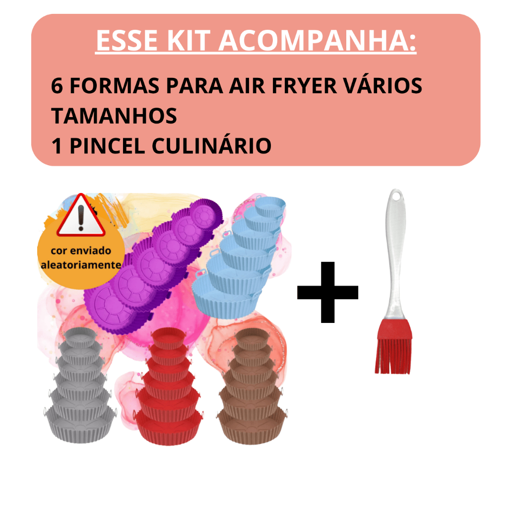 Kit 6 Forma Antiaderente Para Air Fryer Silicone Forno Microondas + Pincel Culinario
