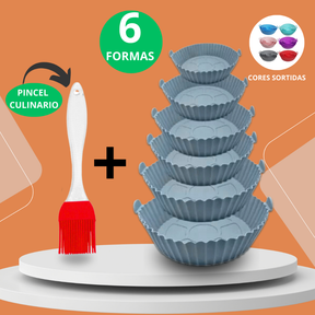 Kit 6 Forma Antiaderente Para Air Fryer Silicone Forno Microondas + Pincel Culinario