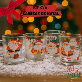 Kit com 6 Canecas Natalinas Xicara Natal Presente Jogo de Chá Café Estampas Variadas