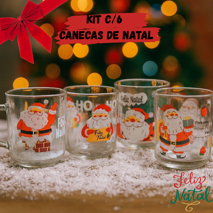 Kit com 6 Canecas Natalinas Xicara Natal Presente Jogo de Chá Café Estampas Variadas