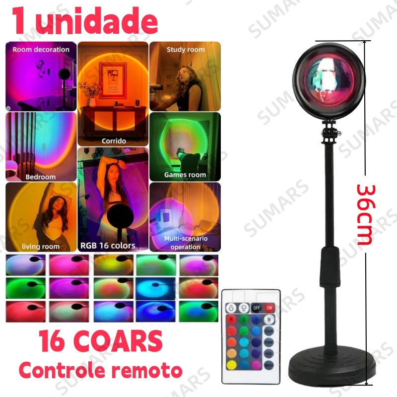 Lâmpada Pôr do Sol com Controle Remoto Luz Noturna USB 16 Cores Ajustáveis