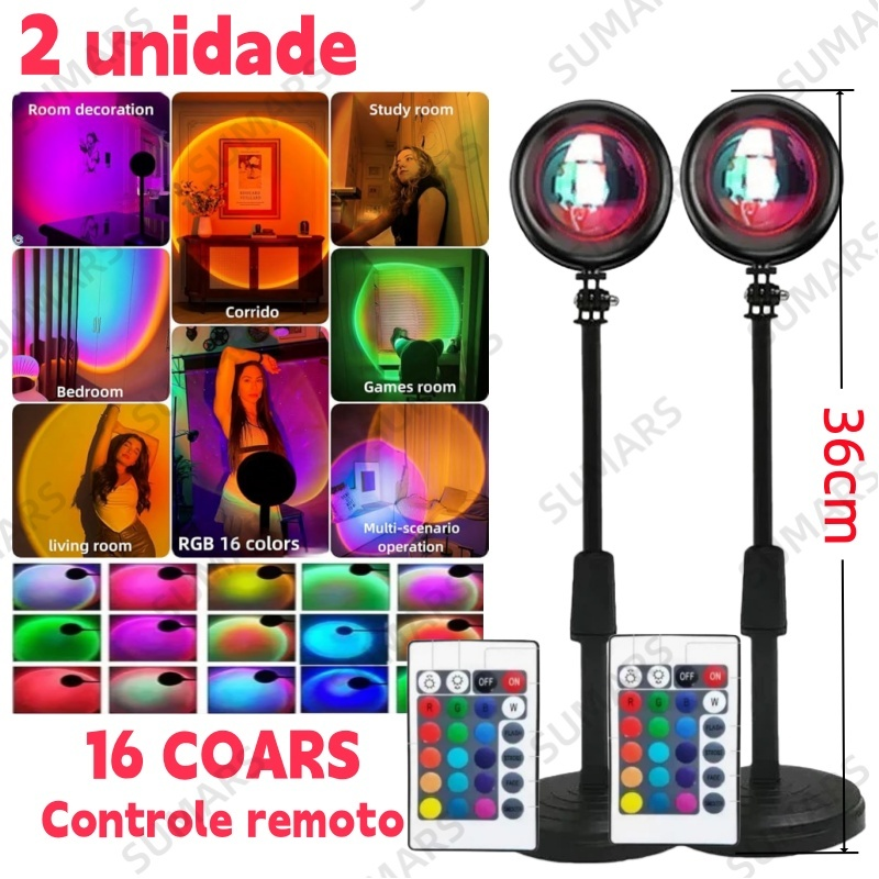 Lâmpada Pôr do Sol com Controle Remoto Luz Noturna USB 16 Cores Ajustáveis