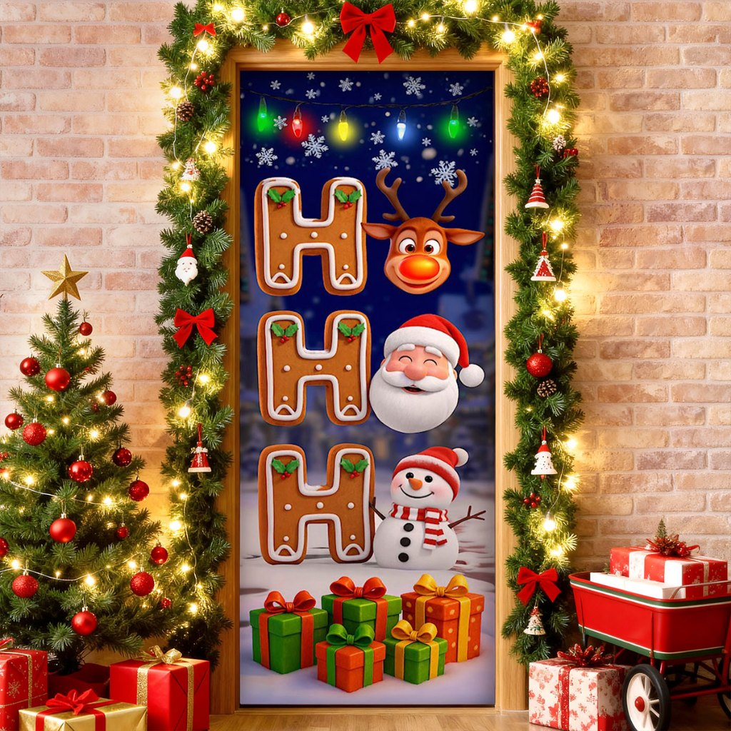 Capa de Porta Decoração Natal Em Tecido Sublimado Retangular Veste Porta C/Elástico