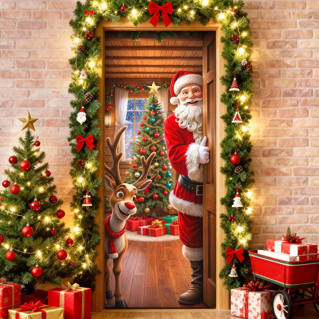 Capa de Porta Decoração Natal Em Tecido Sublimado Retangular Veste Porta C/Elástico