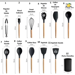 KIT 12 Peças de Utensílios Para Cozinha em Silicone e Bambu