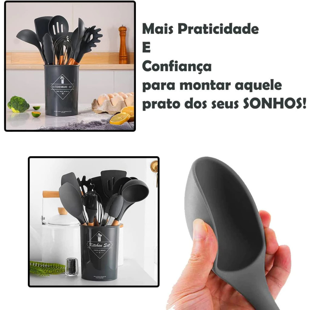 KIT 12 Peças de Utensílios Para Cozinha em Silicone e Bambu