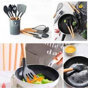 KIT 12 Peças de Utensílios Para Cozinha em Silicone e Bambu