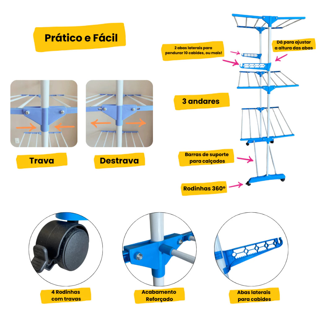 Varal Grande de Chão de 3 Andares em Metal Portátil Dobrável Com Rodas e 2 abas laterais para 10 cabides