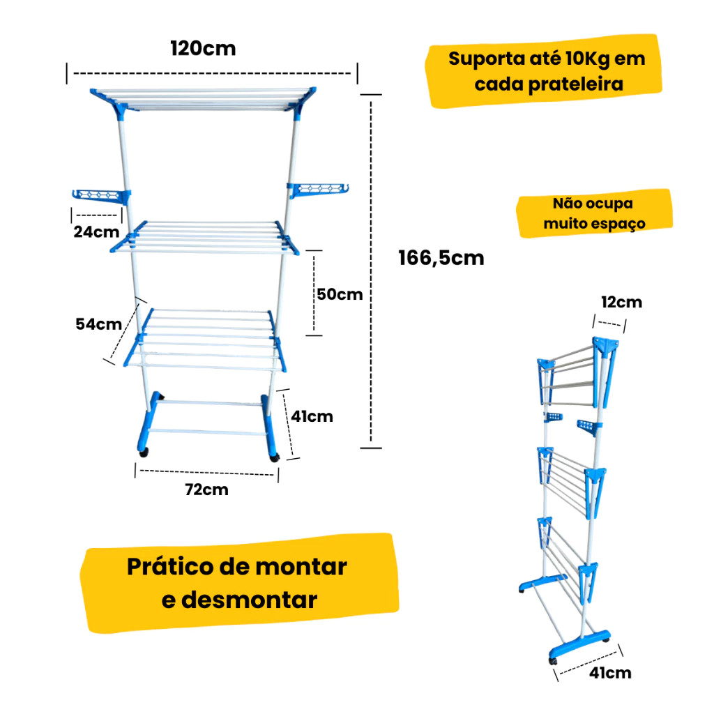 Varal Grande de Chão de 3 Andares em Metal Portátil Dobrável Com Rodas e 2 abas laterais para 10 cabides