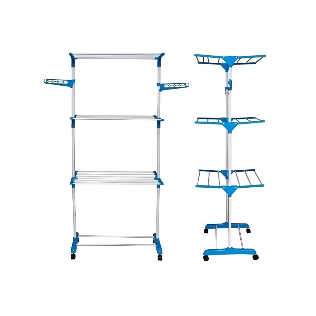 Varal Grande de Chão de 3 Andares em Metal Portátil Dobrável Com Rodas e 2 abas laterais para 10 cabides
