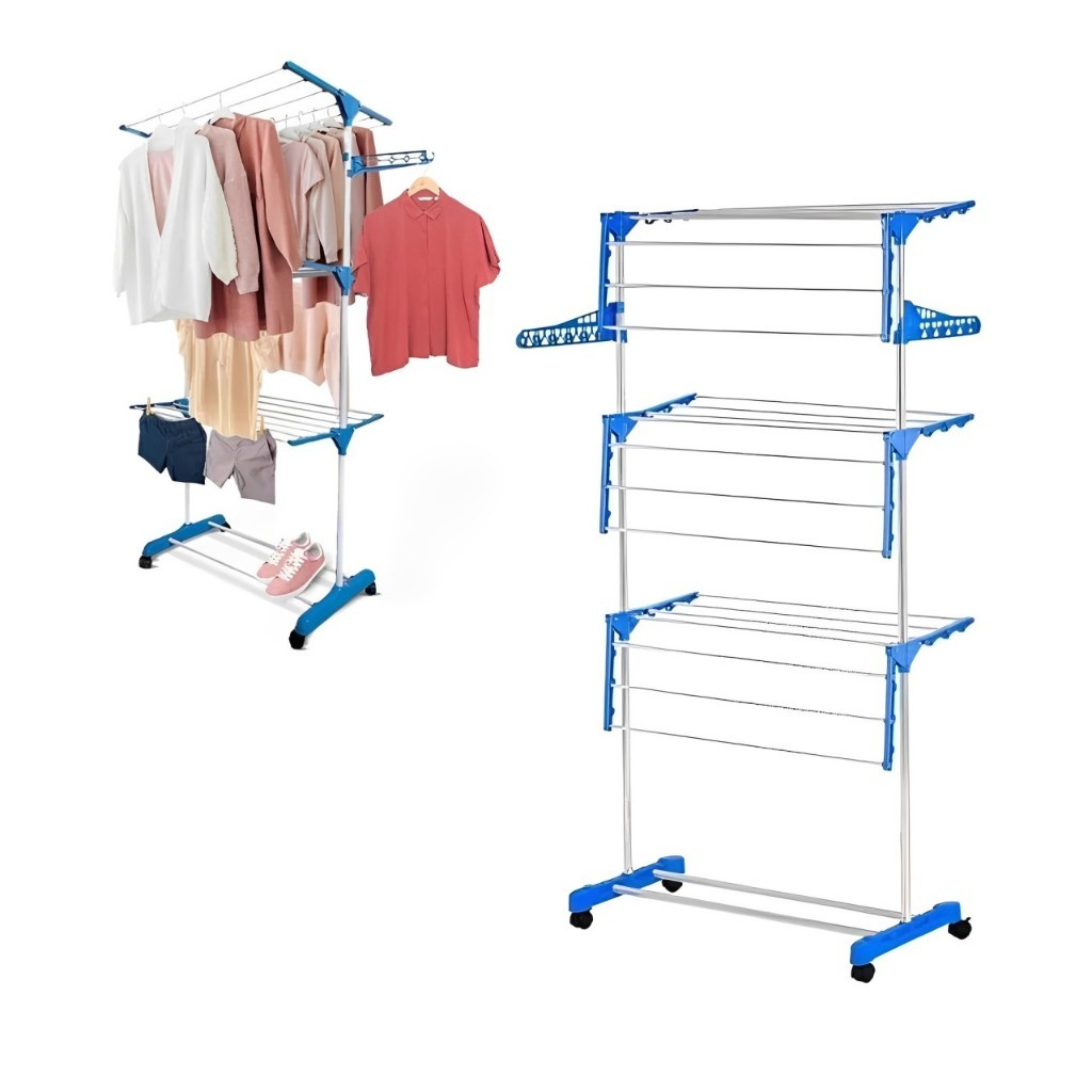 Varal Grande de Chão de 3 Andares em Metal Portátil Dobrável Com Rodas e 2 abas laterais para 10 cabides