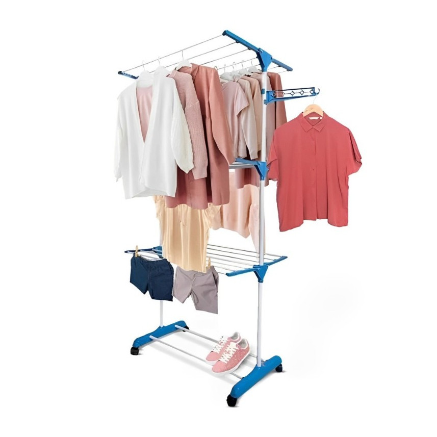 Varal Grande de Chão de 3 Andares em Metal Portátil Dobrável Com Rodas e 2 abas laterais para 10 cabides