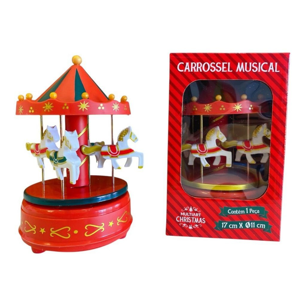 Enfeite de Natal Carrossel Natalino Caixa MusicalDecoração Quarto de Bebê Cavalinhos de Corda 20cm